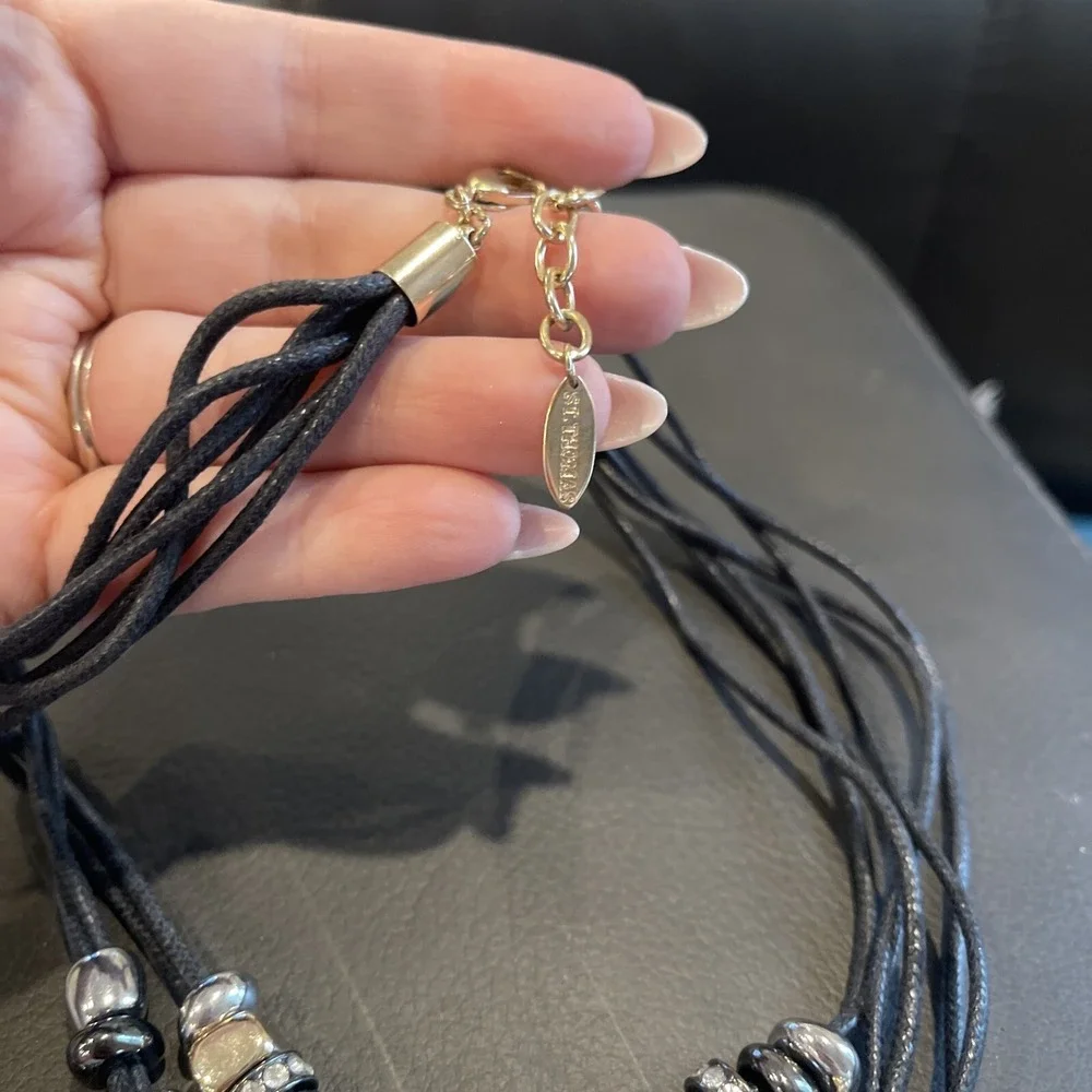 ST. THOMAS Necklace Multi-strand layered gold tone Black Rope Signed